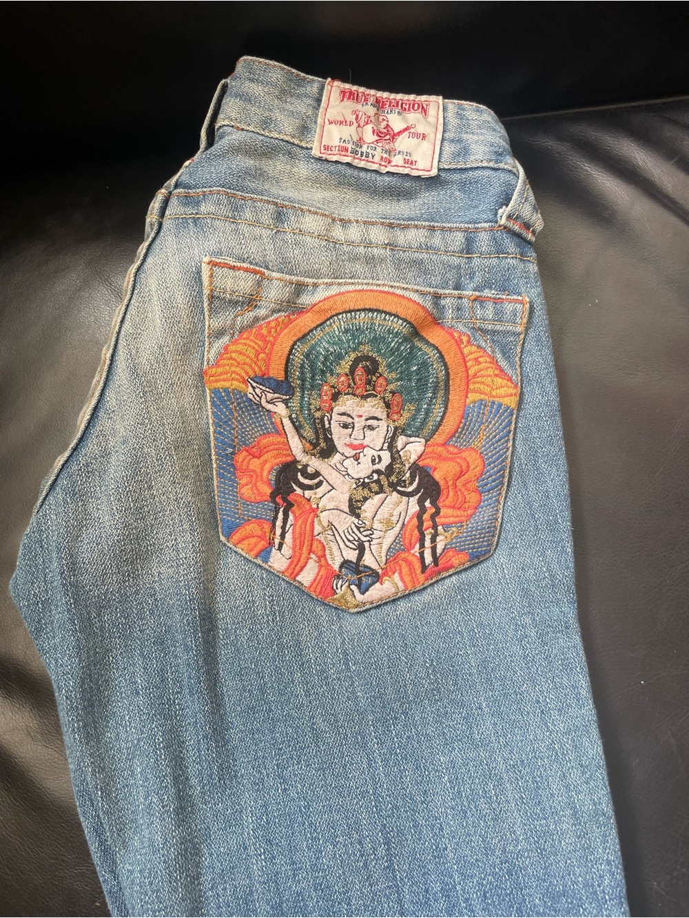 Vintage True Religion Light Denim Jeans with Multicolor Embroidered Back Pocket